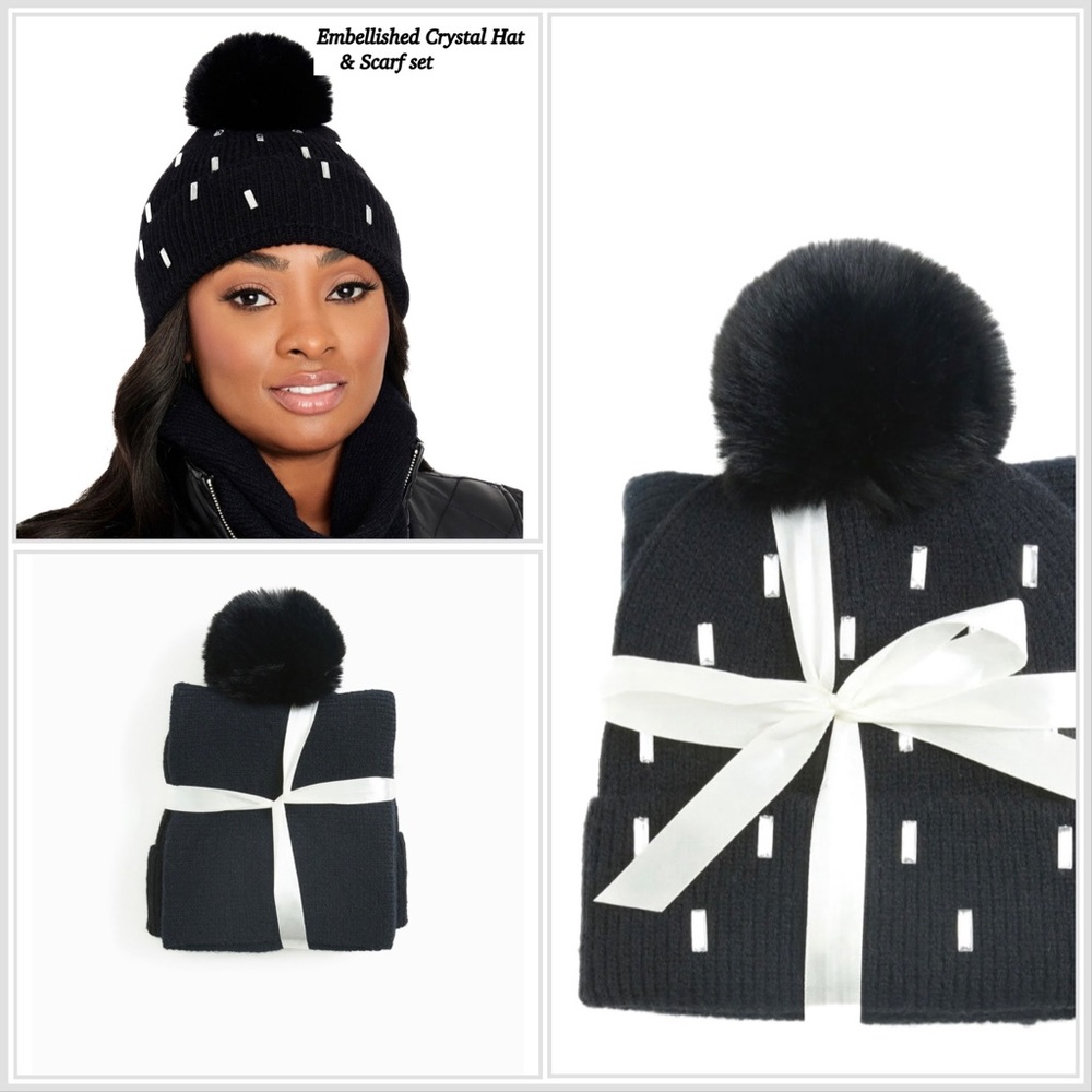 2PC SET🔥🆕BLING RHINESTONE BLACK BEANIE HAT & BLACK SCARF SET